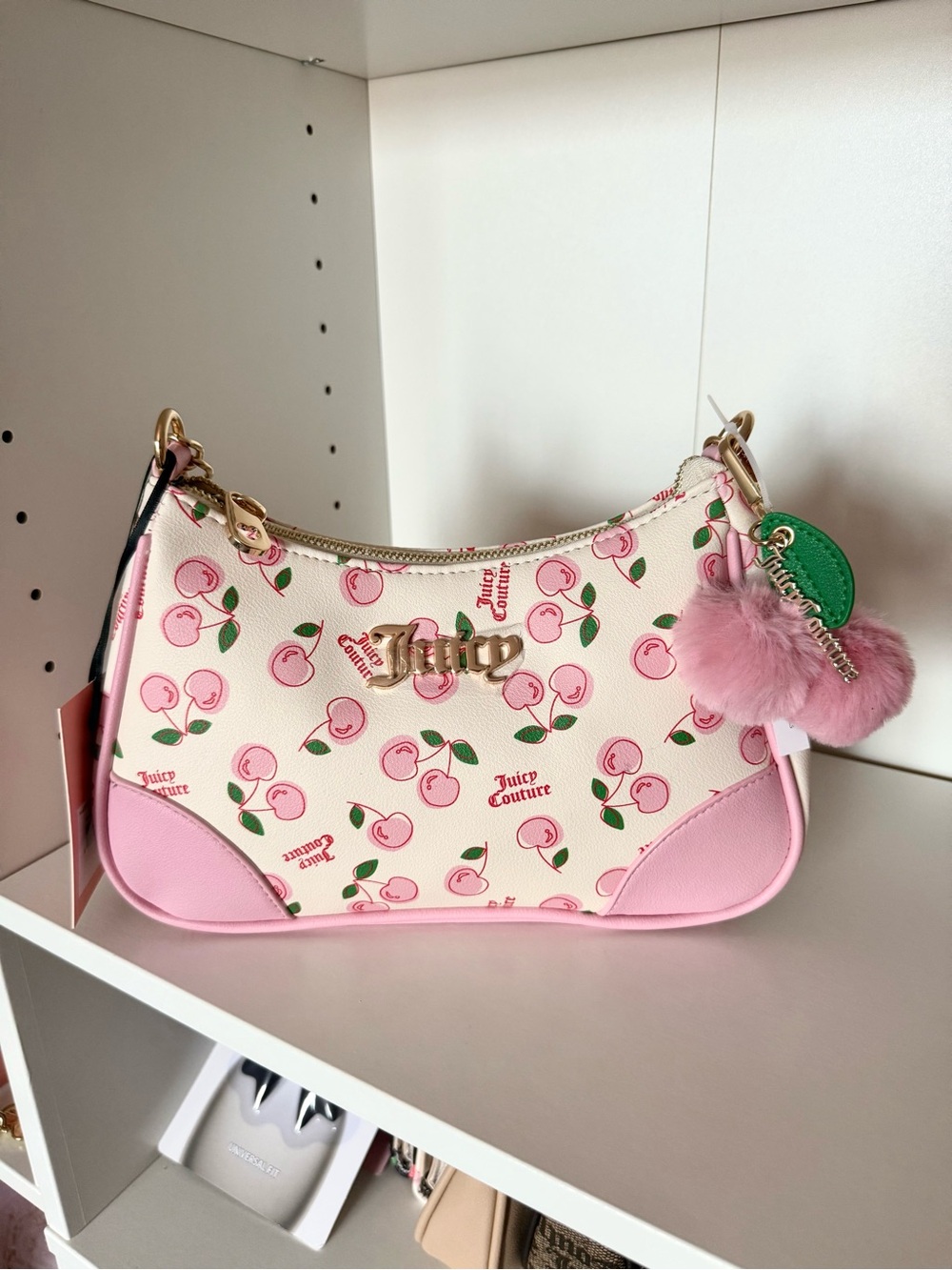 Juice Couture “Cherry Girl” Pink Cherry Print Mini Shoulder Bag with Pom Charm